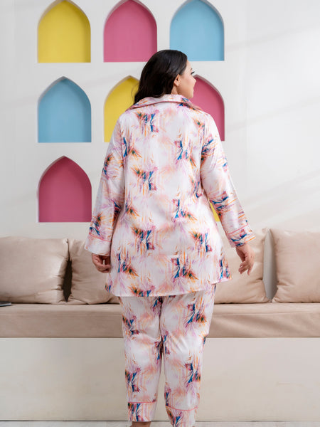 Light Pink Satin Printed Long Shirt & Pyjama Night Suit (Plus Size)