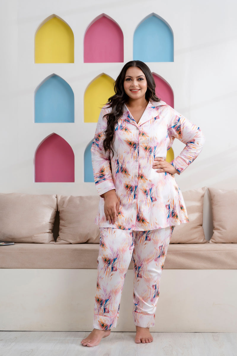 Light Pink Satin Printed Long Shirt & Pyjama Night Suit (Plus Size)