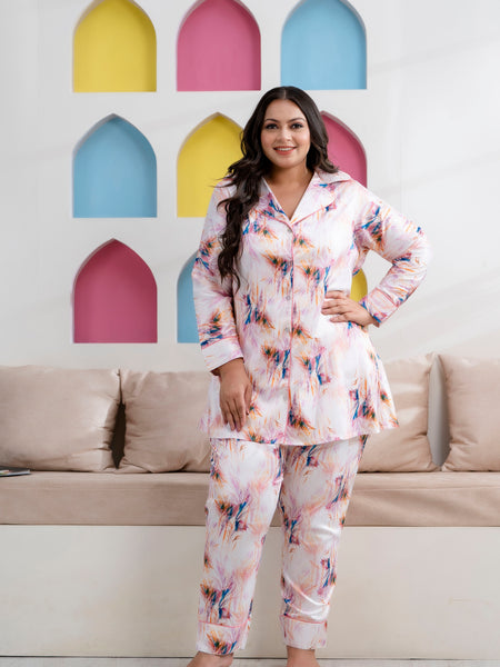Light Pink Satin Printed Long Shirt & Pyjama Night Suit (Plus Size)