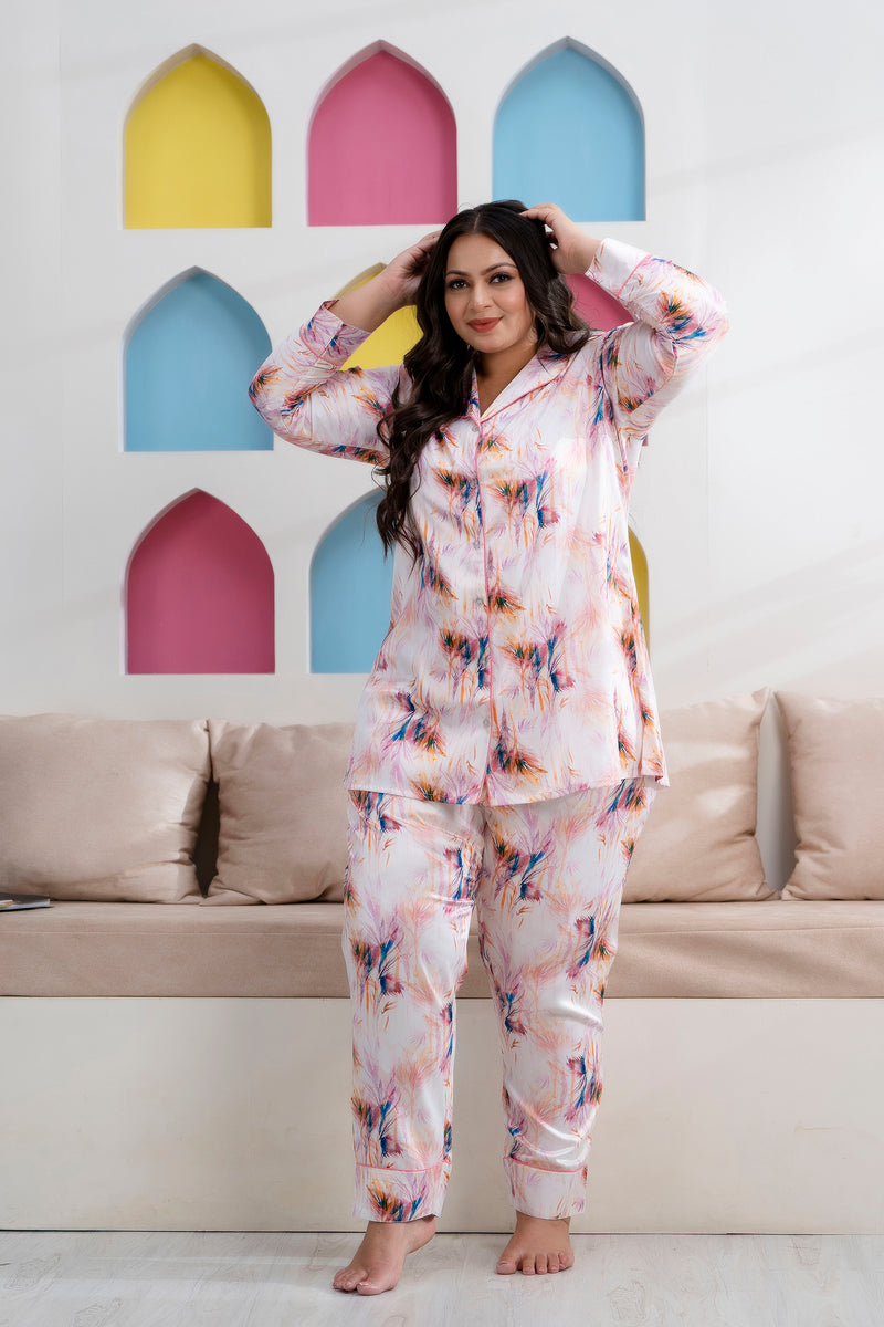 Light Pink Satin Printed Long Shirt & Pyjama Night Suit (Plus Size)