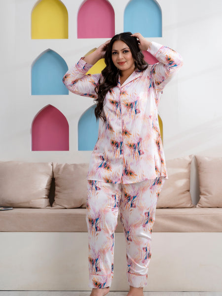 Light Pink Satin Printed Long Shirt & Pyjama Night Suit (Plus Size)