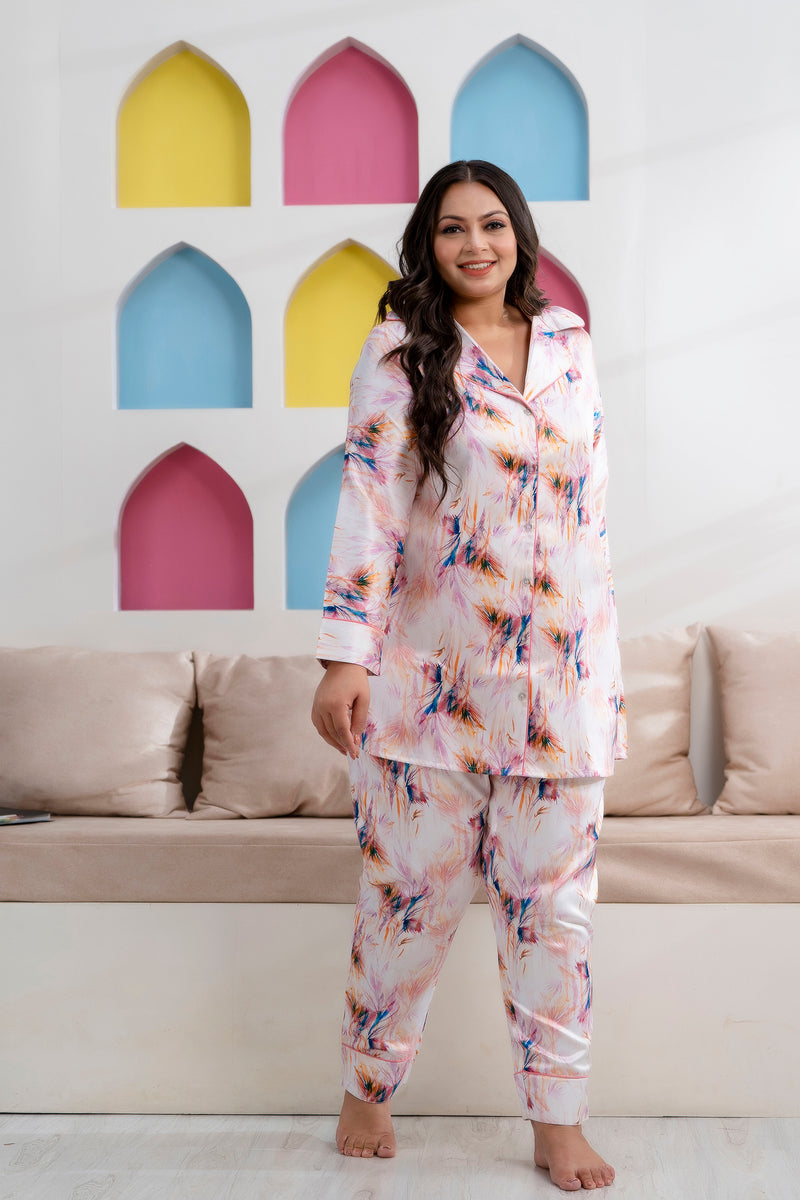 Light Pink Satin Printed Long Shirt & Pyjama Night Suit (Plus Size)