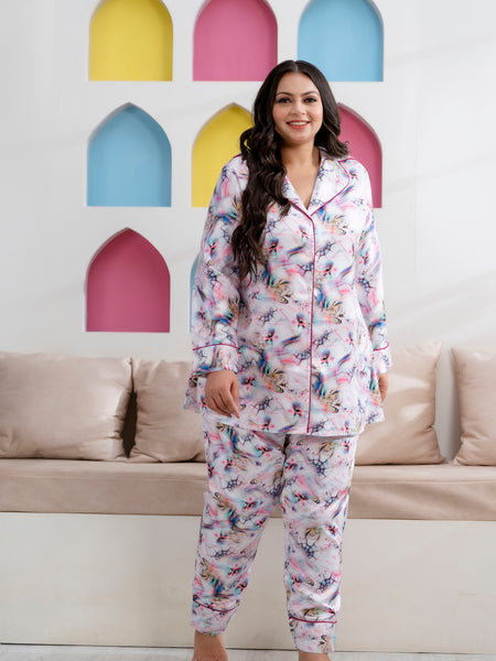 Light Purple Satin Printed Long Shirt & Pajama Night Suit (Plus Size)