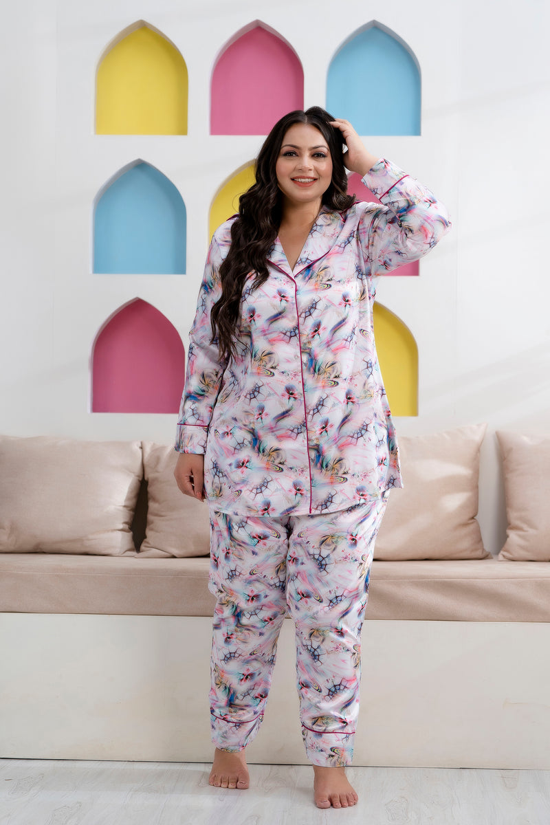 Light Purple Satin Printed Long Shirt & Pajama Night Suit (Plus Size)