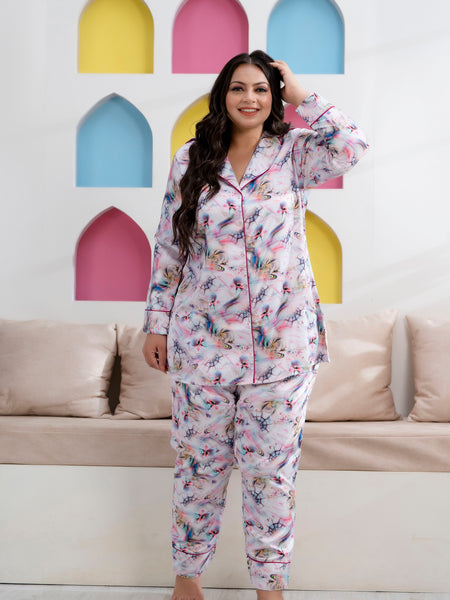 Light Purple Satin Printed Long Shirt & Pajama Night Suit (Plus Size)