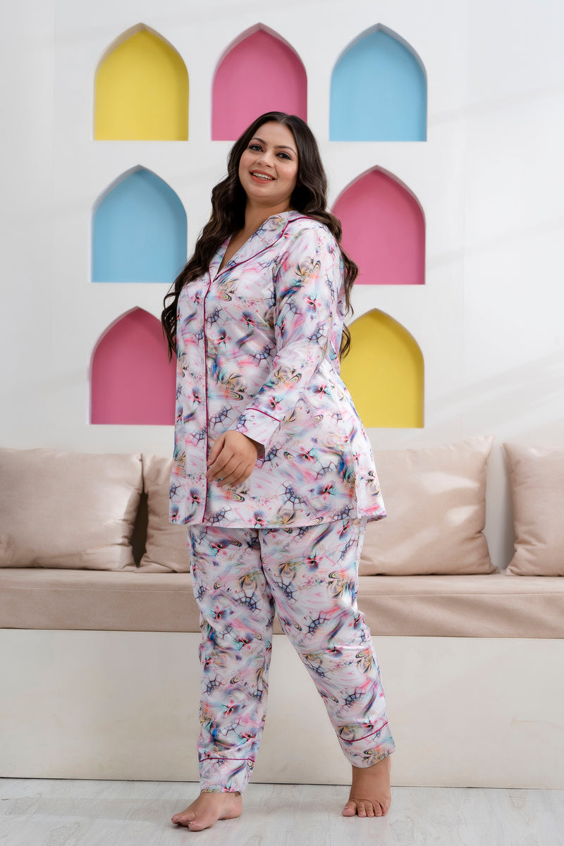 Light Purple Satin Printed Long Shirt & Pajama Night Suit (Plus Size)