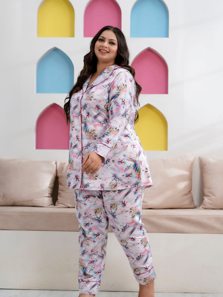 Light Purple Satin Printed Long Shirt & Pajama Night Suit (Plus Size)