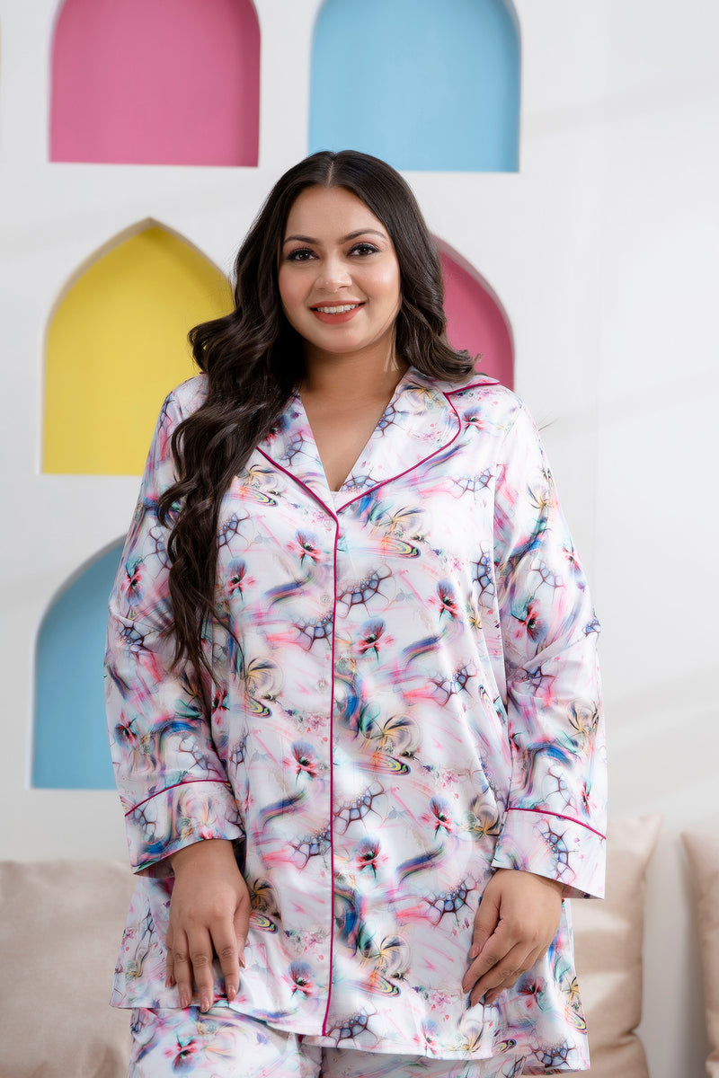 Light Purple Satin Printed Long Shirt & Pajama Night Suit (Plus Size)