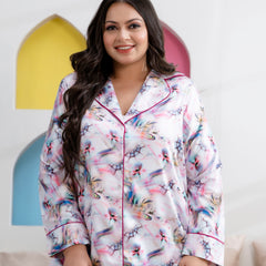Light Purple Satin Printed Long Shirt & Pajama Night Suit (Plus Size)