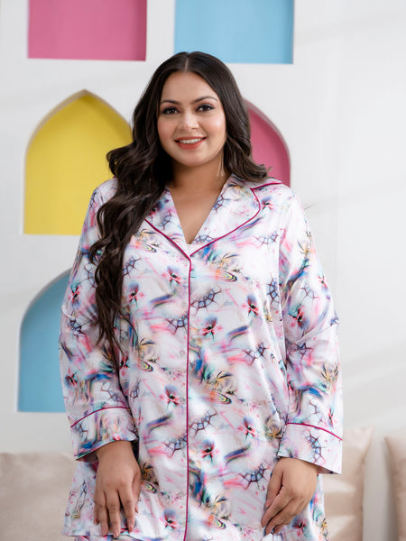 Light Purple Satin Printed Long Shirt & Pajama Night Suit (Plus Size)