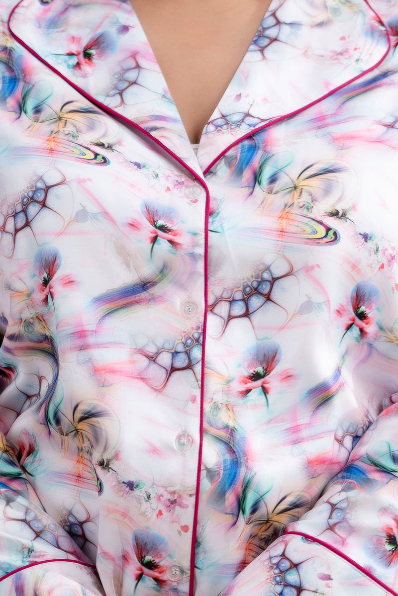 Light Purple Satin Printed Long Shirt & Pajama Night Suit (Plus Size)