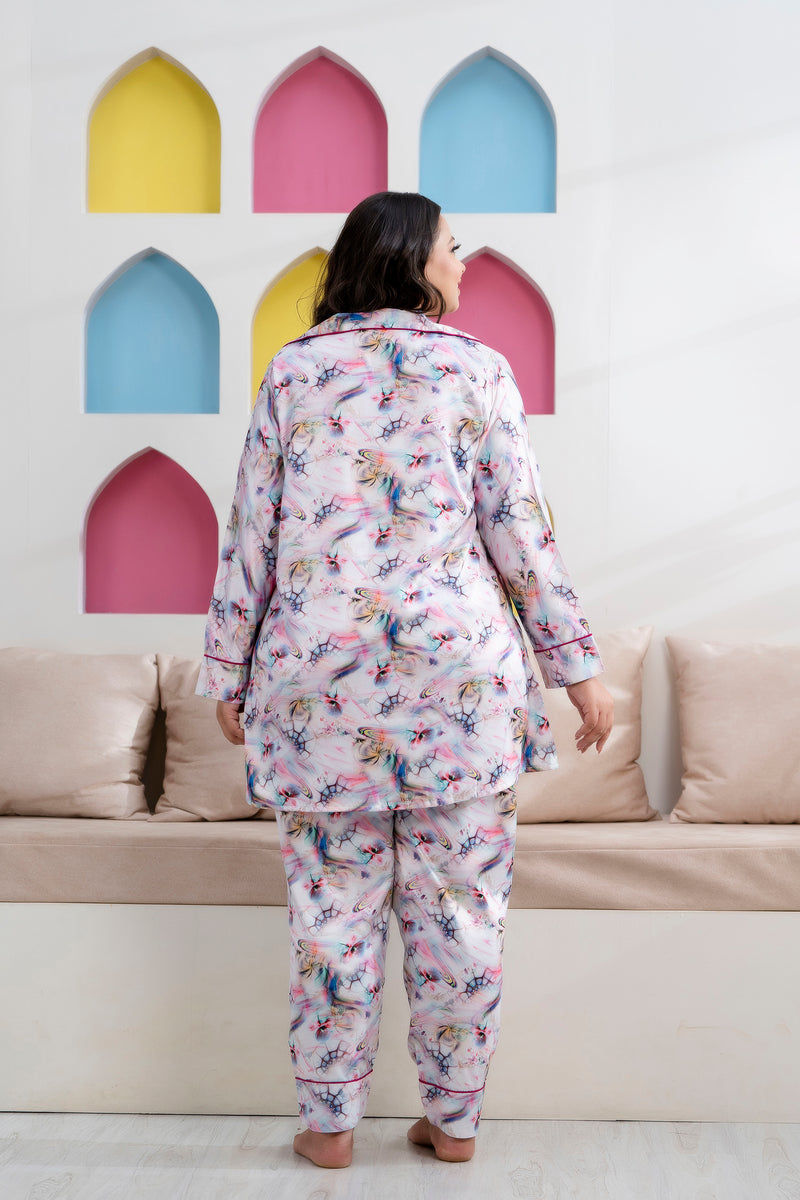 Light Purple Satin Printed Long Shirt & Pajama Night Suit (Plus Size)