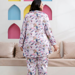 Light Purple Satin Printed Long Shirt & Pajama Night Suit (Plus Size)