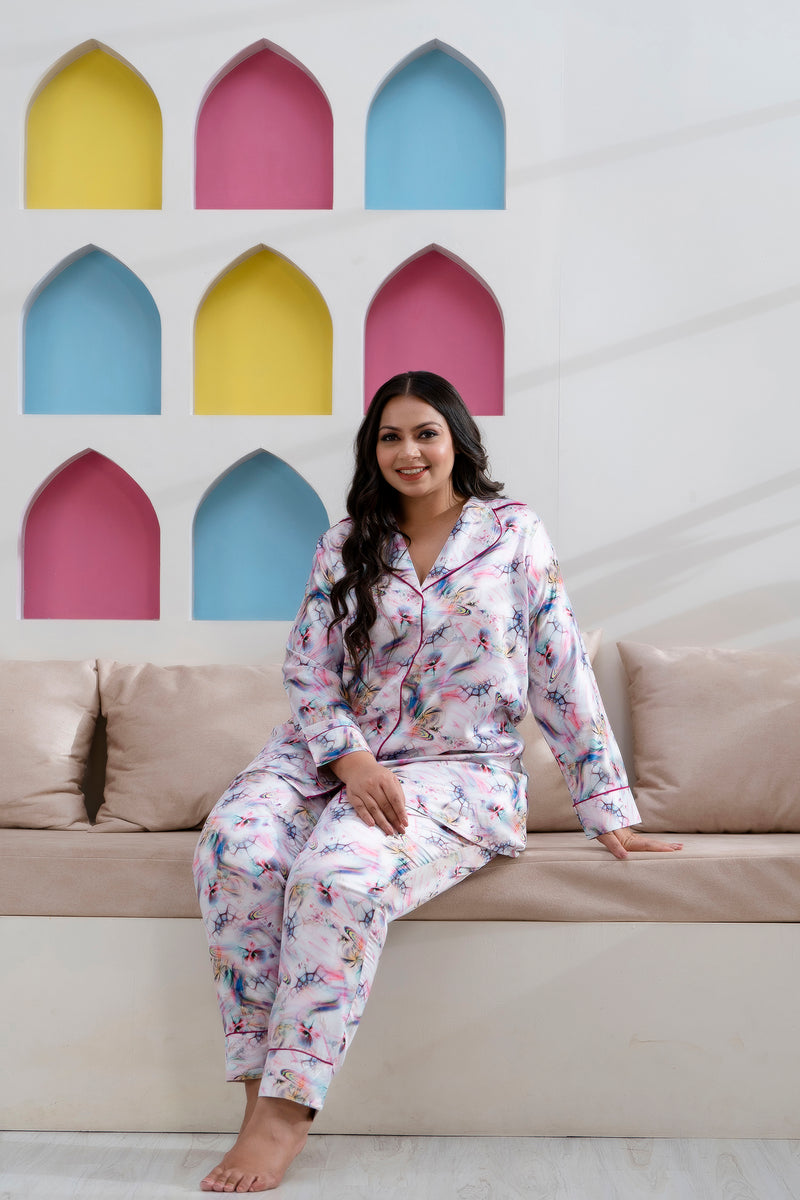 Light Purple Satin Printed Long Shirt & Pajama Night Suit (Plus Size)