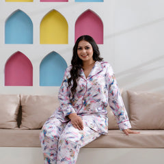 Light Purple Satin Printed Long Shirt & Pajama Night Suit (Plus Size)