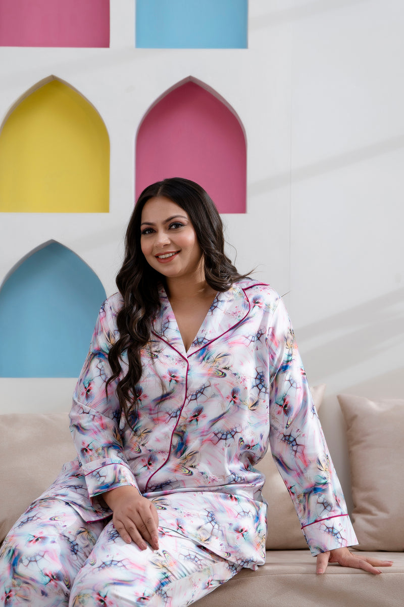 Light Purple Satin Printed Long Shirt & Pajama Night Suit (Plus Size)