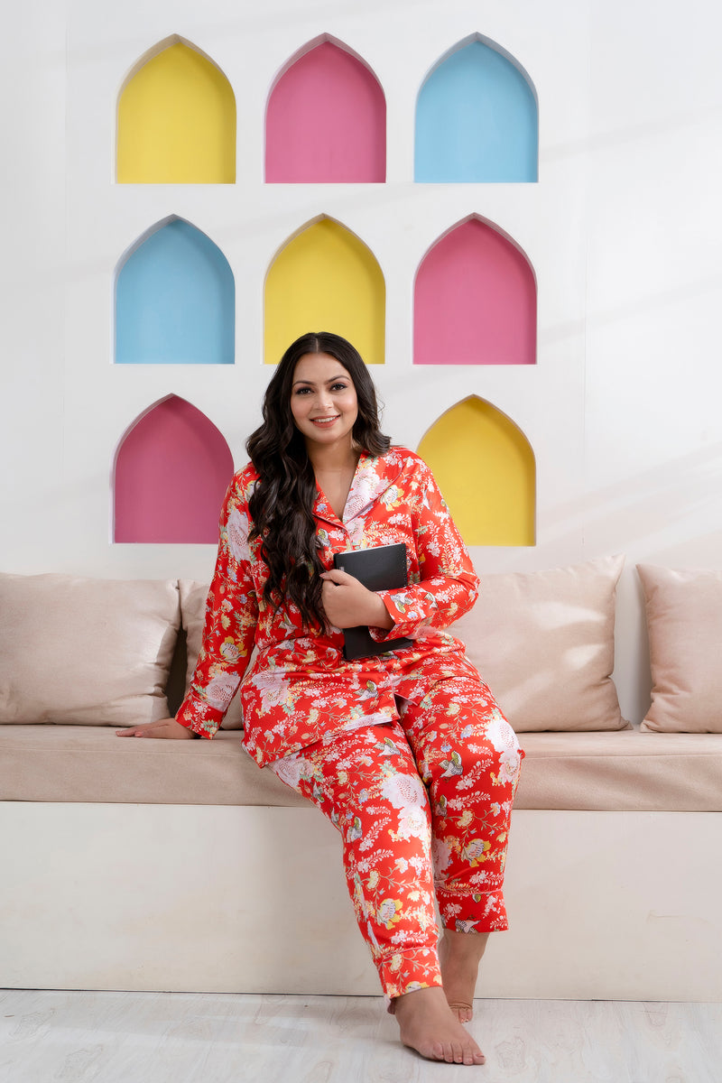 Orange Satin Printed Long Shirt & Pyjama Night Suit (Plus Size)