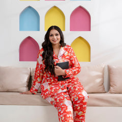 Orange Satin Printed Long Shirt & Pyjama Night Suit (Plus Size)