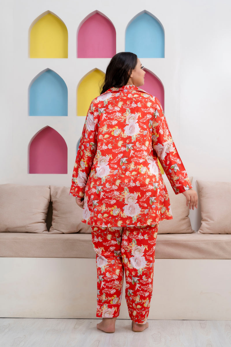 Orange Satin Printed Long Shirt & Pyjama Night Suit (Plus Size)