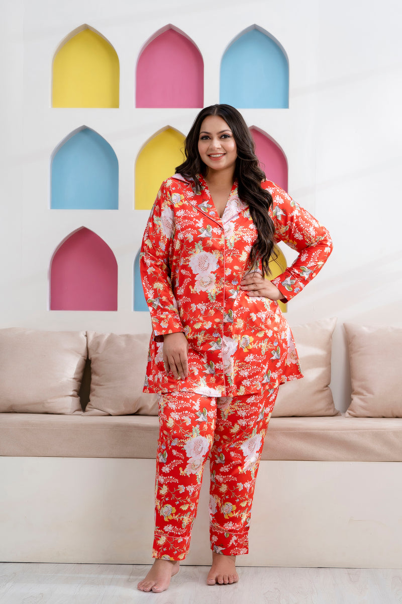 Orange Satin Printed Long Shirt & Pyjama Night Suit (Plus Size)