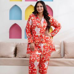 Orange Satin Printed Long Shirt & Pyjama Night Suit (Plus Size)