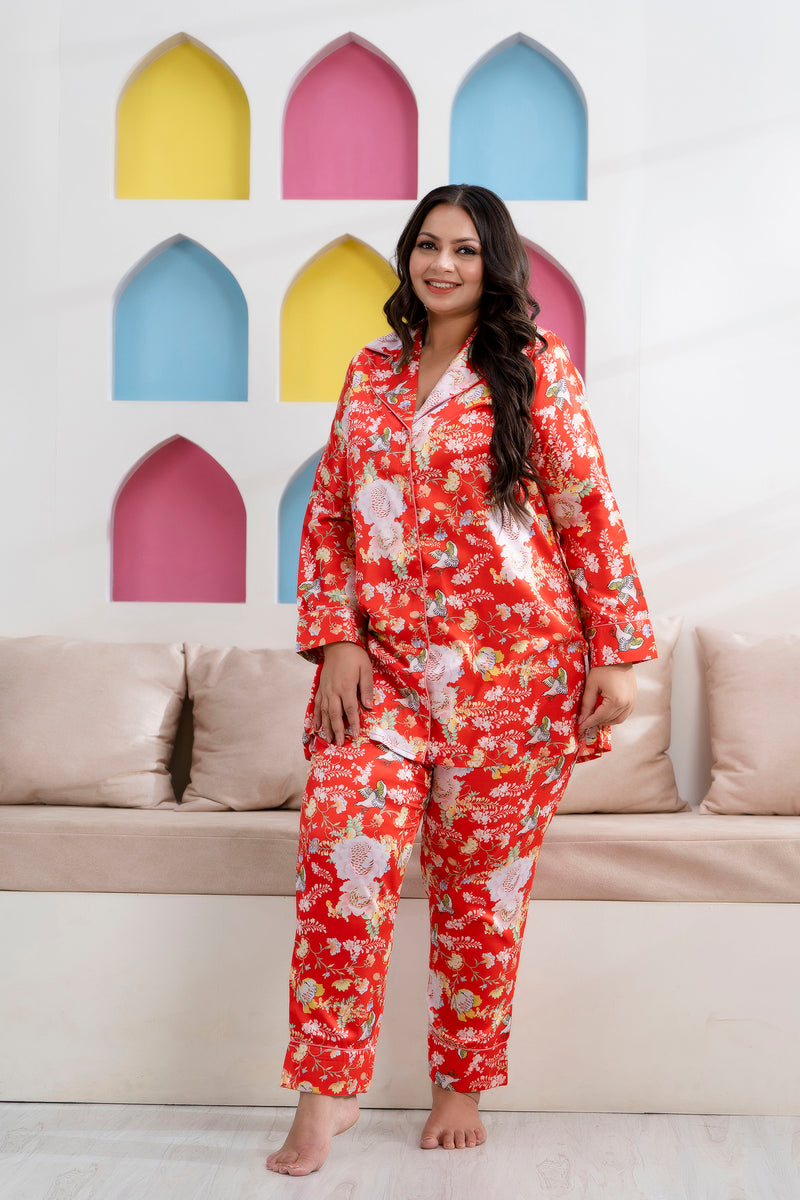 Orange Satin Printed Long Shirt & Pyjama Night Suit (Plus Size)