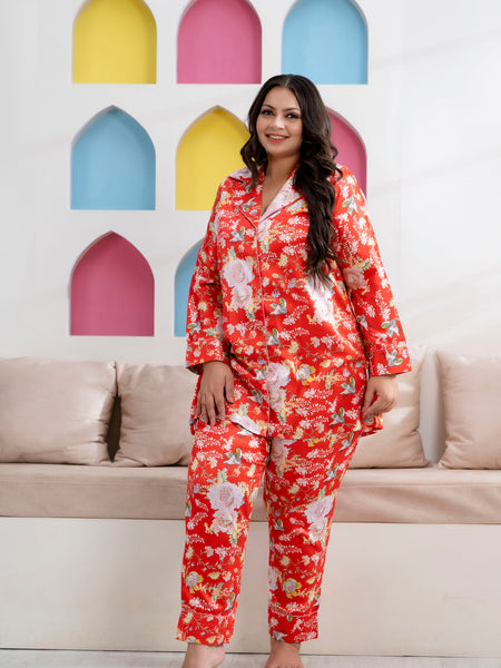 Orange Satin Printed Long Shirt & Pyjama Night Suit (Plus Size)