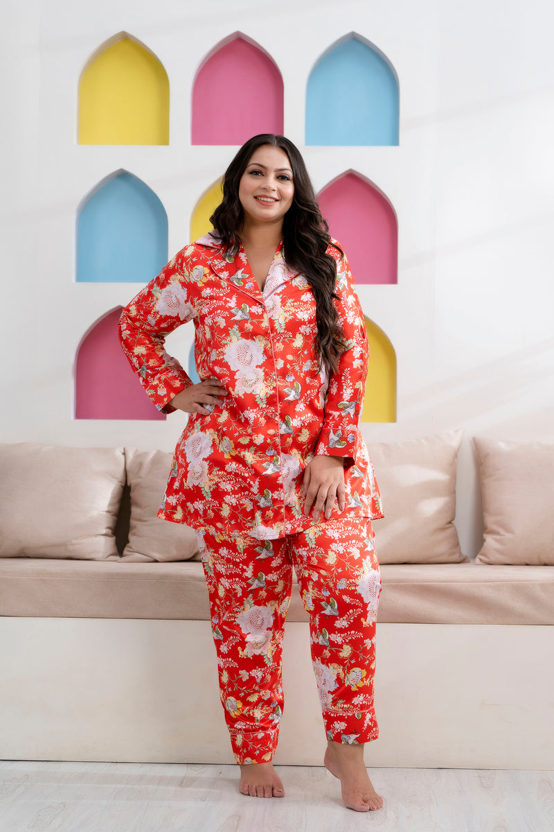 Orange Satin Printed Long Shirt & Pyjama Night Suit (Plus Size)