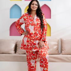 Orange Satin Printed Long Shirt & Pyjama Night Suit (Plus Size)