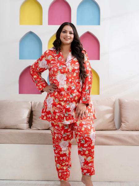 Orange Satin Printed Long Shirt & Pyjama Night Suit (Plus Size)