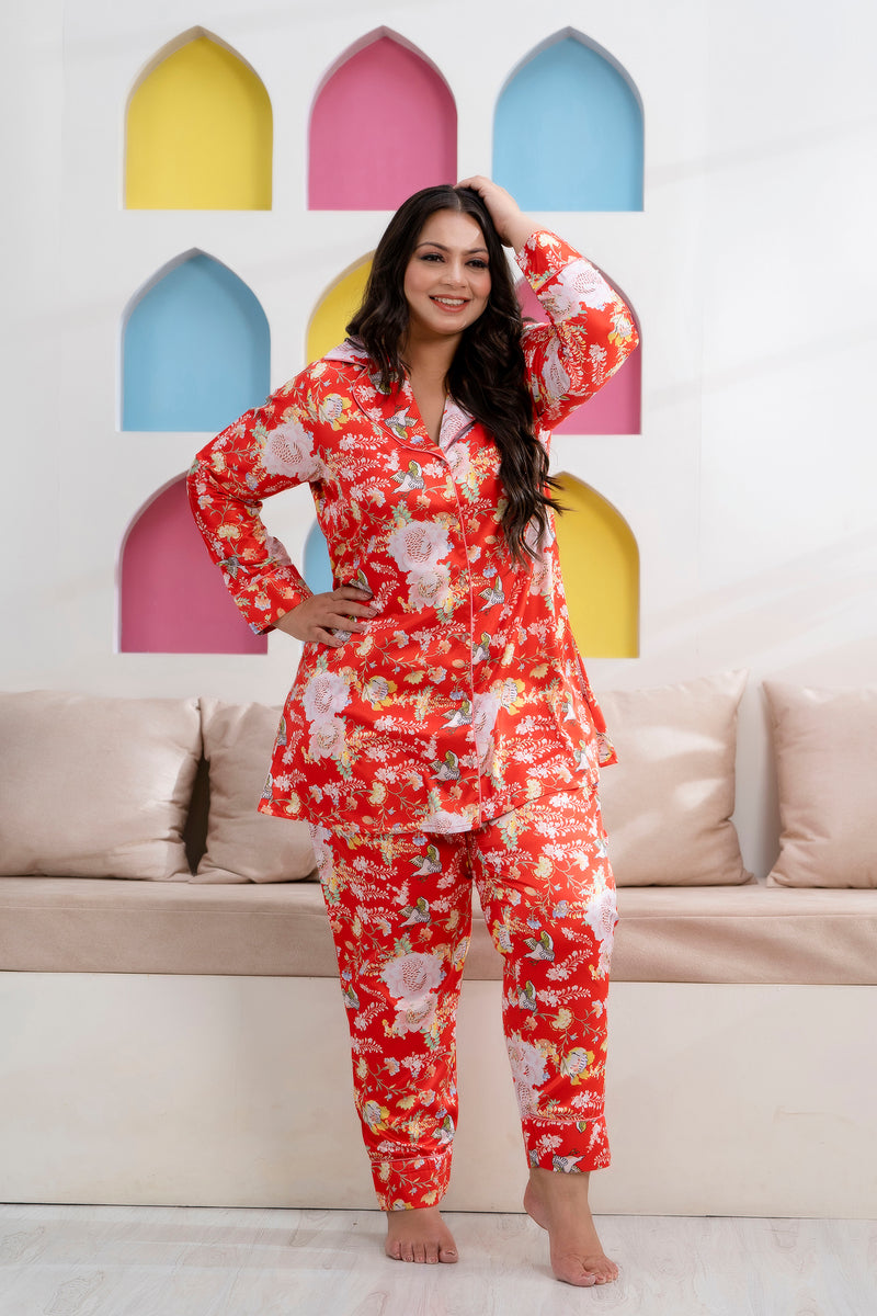 Orange Satin Printed Long Shirt & Pyjama Night Suit (Plus Size)