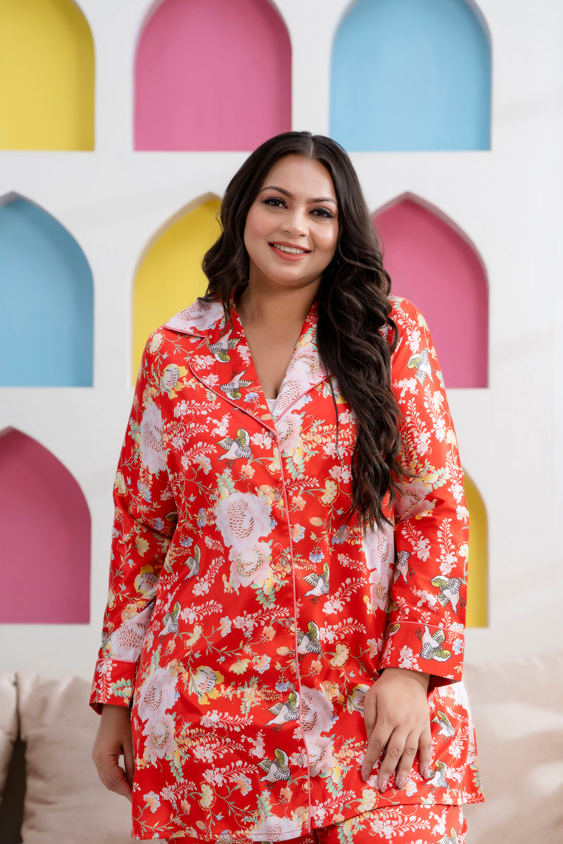 Orange Satin Printed Long Shirt & Pyjama Night Suit (Plus Size)