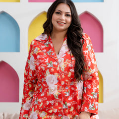 Orange Satin Printed Long Shirt & Pyjama Night Suit (Plus Size)