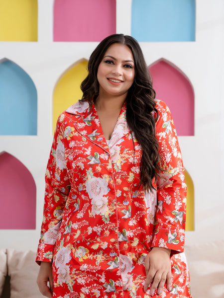 Orange Satin Printed Long Shirt & Pyjama Night Suit (Plus Size)