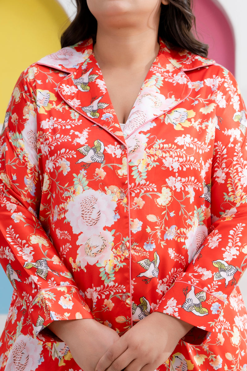 Orange Satin Printed Long Shirt & Pyjama Night Suit (Plus Size)