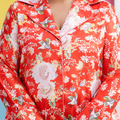 Orange Satin Printed Long Shirt & Pyjama Night Suit (Plus Size)