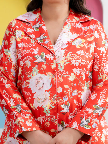 Orange Satin Printed Long Shirt & Pyjama Night Suit (Plus Size)