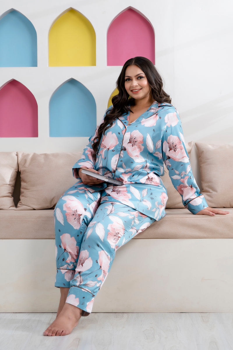 Sea Green Satin Printed Long Shirt & Pyjama Night Suit (Plus Size)
