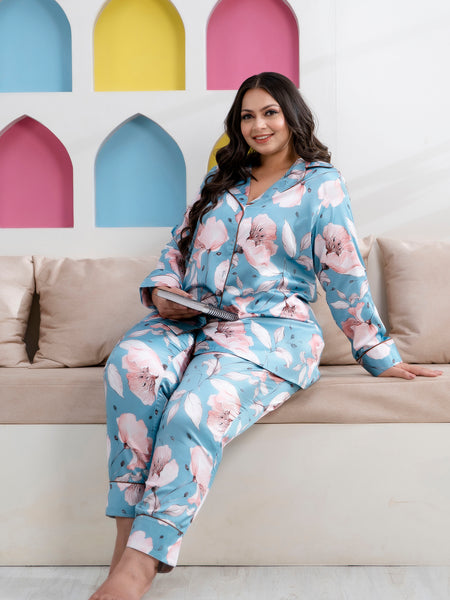 Sea Green Satin Printed Long Shirt & Pyjama Night Suit (Plus Size)