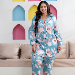 Sea Green Satin Printed Long Shirt & Pyjama Night Suit (Plus Size)