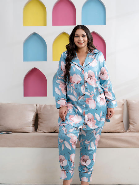 Sea Green Satin Printed Long Shirt & Pyjama Night Suit (Plus Size)