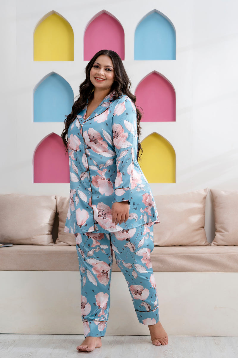 Sea Green Satin Printed Long Shirt & Pyjama Night Suit (Plus Size)