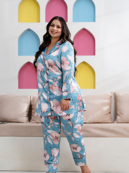 Sea Green Satin Printed Long Shirt & Pyjama Night Suit (Plus Size)
