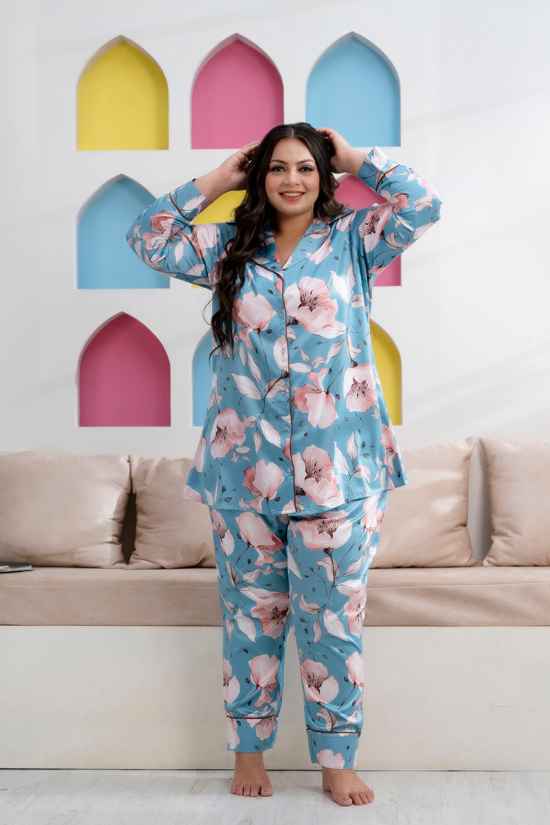 Sea Green Satin Printed Long Shirt & Pyjama Night Suit (Plus Size)