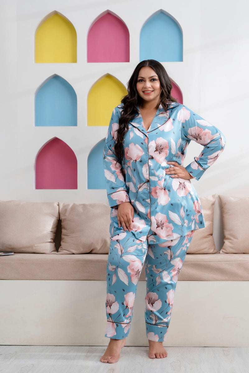 Sea Green Satin Printed Long Shirt & Pyjama Night Suit (Plus Size)