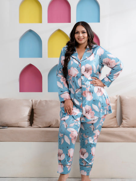 Sea Green Satin Printed Long Shirt & Pyjama Night Suit (Plus Size)