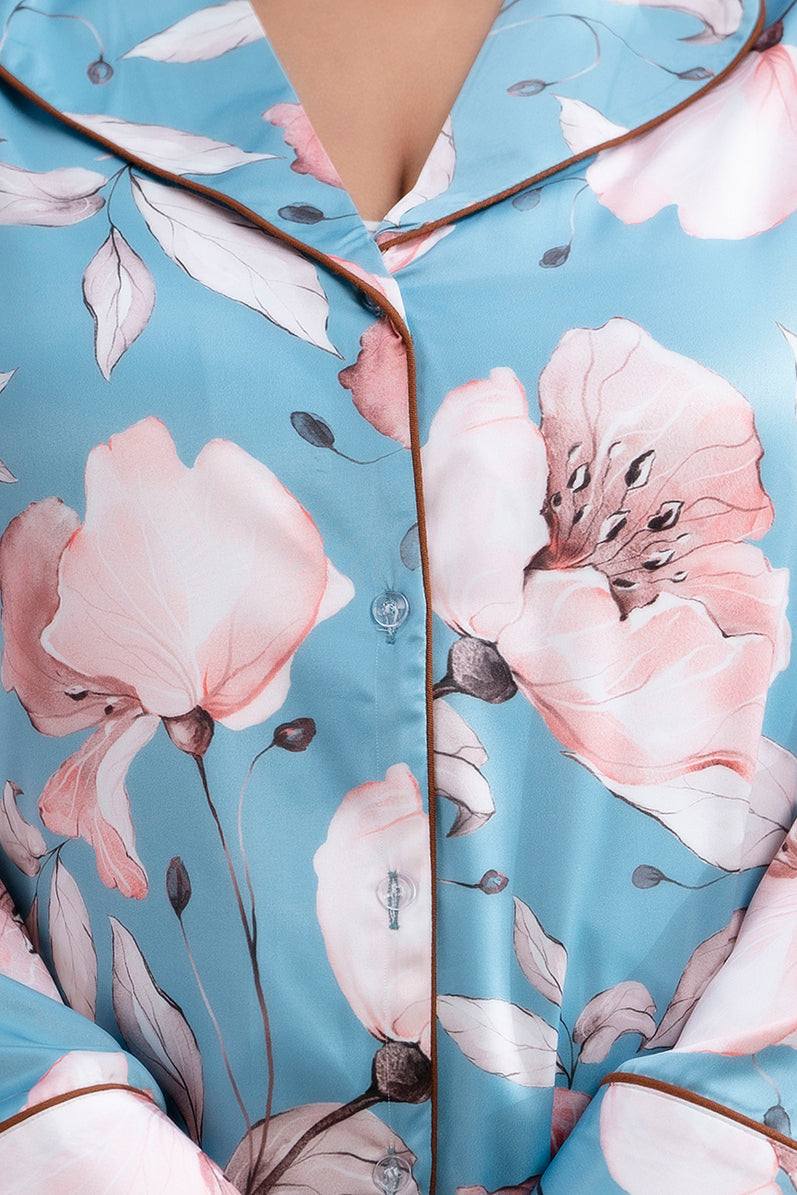 Sea Green Satin Printed Long Shirt & Pyjama Night Suit (Plus Size)