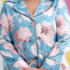 Sea Green Satin Printed Long Shirt & Pyjama Night Suit (Plus Size)