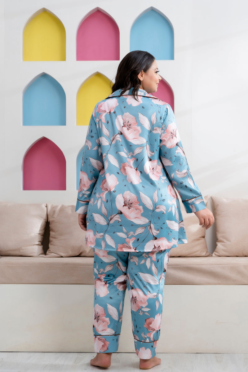 Sea Green Satin Printed Long Shirt & Pyjama Night Suit (Plus Size)