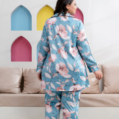 Sea Green Satin Printed Long Shirt & Pyjama Night Suit (Plus Size)